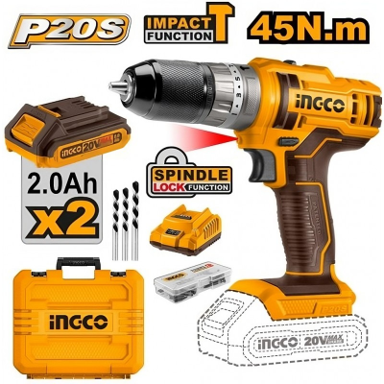 TRAPANO AVVITATORE 20V CON 2 BATTERIE+47 ACCESSORICOD.CIDLI201452E "INGCO"